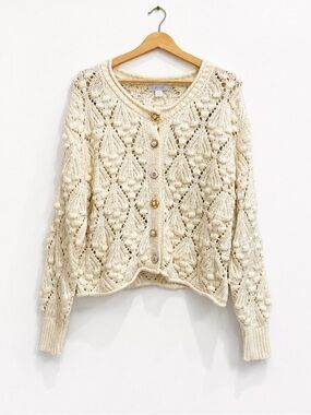 Caché Ivory Open Knit Jeweled Button Cardigan Sweater XL